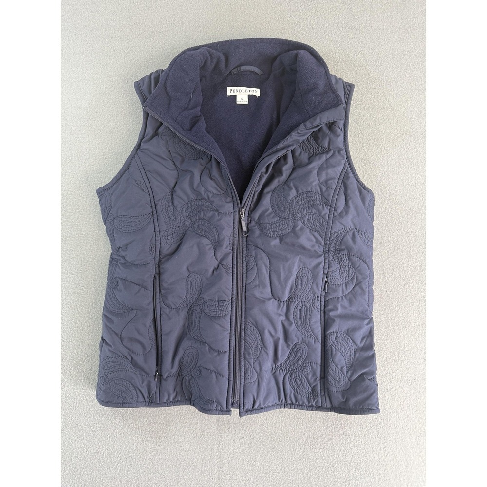Pendleton Quilted Vest Womens Small Blue Paisley‎ Fleece Lined Zip Pockets Warm